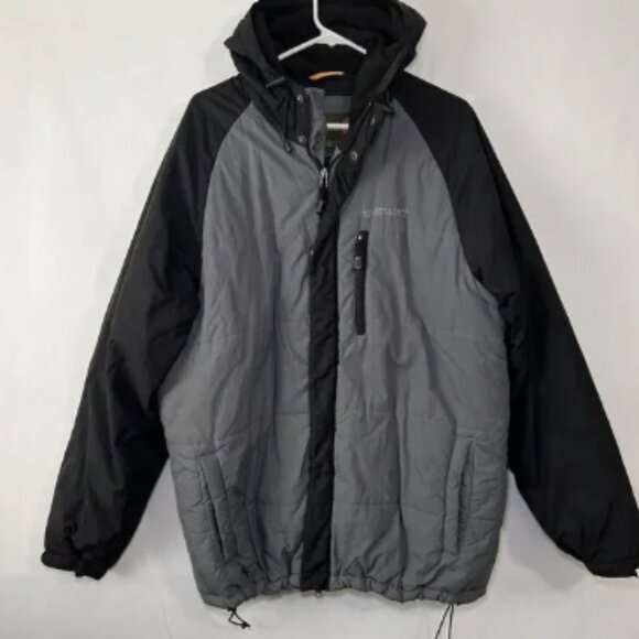 Vintage Timberland Full Zip Snap Hooded Puffer Jacket Mens Size Large Gray Black - Picture 1 of 15